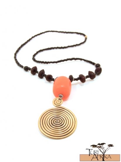Product ID: 43 Large Brass Swirl Necklace, Orange Kenyan Amber, Seeds