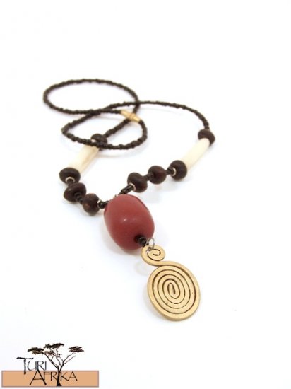Product ID: 45 Small Brass Swirl Necklace, Red Kenyan Amber, White Bone