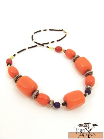 Product ID: 46 Large Orange Kenyan Amber Necklace, Metal Beads, W/ Blue, Red, Yellow Beads