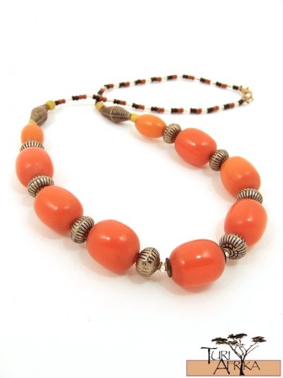 Product ID: 47 Medium Orange Kenyan Amber Necklace, Metal, w/ yellow beads, black, red beads