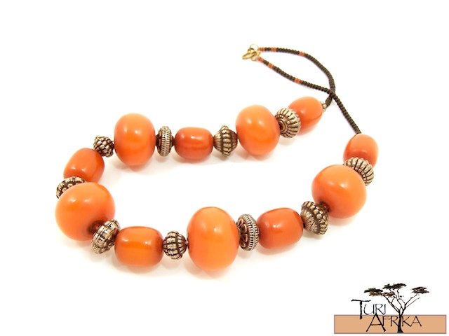 Product ID: 48 Medium and Large Orange Kenyan Amber Necklace , Metal w/ Black and Rust Beads