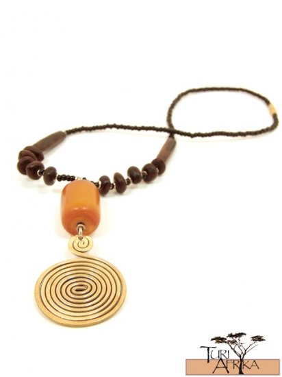 Product ID: 49 Large Brass Swirl Necklace , Orange/Brown Kenyan Amber, W, Seeds & Brown Bone