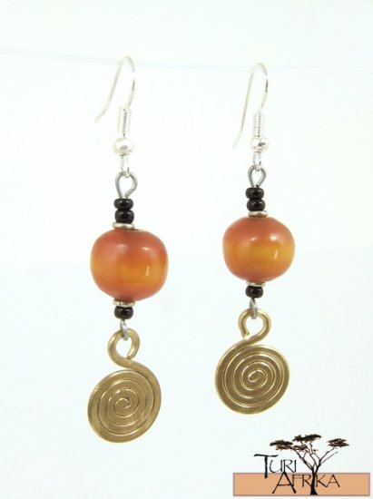 Product ID: 50 Small Round Earrings orange/Brown Kenyan Amber w/ Small Brass Swirl & Black beads