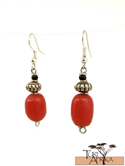 Product ID: 52 Small Red Oval Kenyan Amber Earrings , Metal, and Black Bead