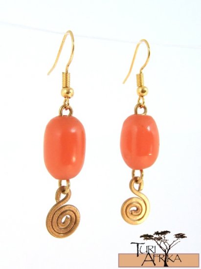 Product ID: 53 Small Orange Oval Kenyan Amber Earrings, W/ Small Brass Swirl