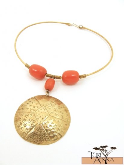 Product ID: 57 Brass Choker, Orange Kenyan Amber, Large Brass Disk