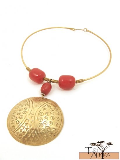 Product ID: 58 Brass Choker, Red Kenyan Amber, Large Brass Disk
