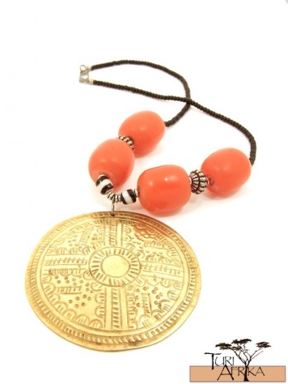 Product ID: 60 Large Brass Disk Necklace , Large Orange Kenyan Amber, Black, White & Metal Beads