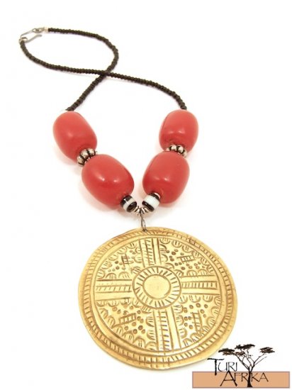 Product ID: 61 Large Brass Disk Necklace , Large Red Kenyan Amber, Black, White & Metal Beads