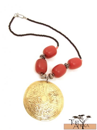 Product ID: 62 Large Brass Disk Necklace , Large Kenyan Red Amber, Metal & Red Small Beads