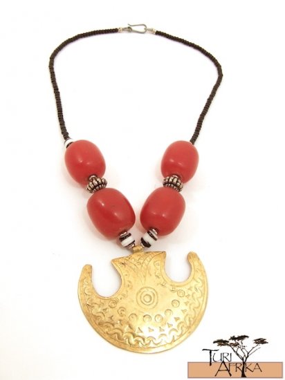 Product ID: 64 Large Brass Shield Necklace, Large Red Kenyan Amber, Black, White & Metal Beads