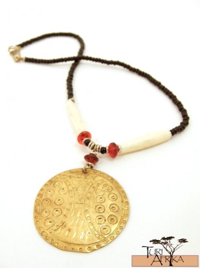 Product ID: 65 Medium Brass Disk Necklace , White Bone, Red Glass, and Black Beads