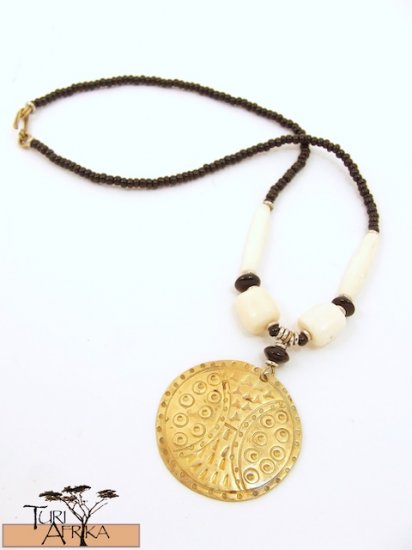 Product ID: 66 Medium Brass Disk Necklace , White Bone, and Black Beads