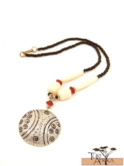 Product ID: 67 Medium Aluminum Disk Necklace , Red Glass, White Bone, Black Beads