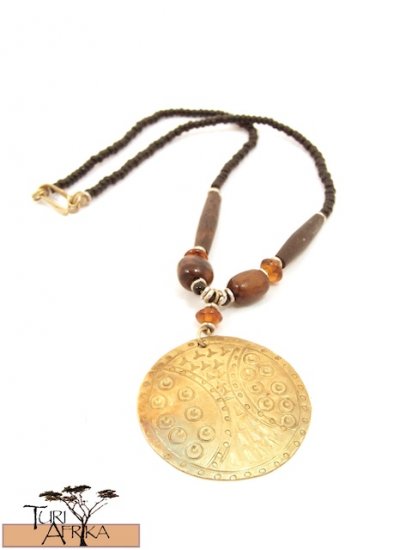 Product ID: 68 Medium Brass Disk Necklace , Brown Bone, Orange Glass, and Black Beads