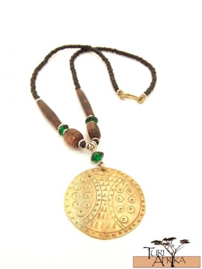 Product ID: 69 Medium Brass Disk Necklace , Brown Bone, Green Glass, and Black Beads