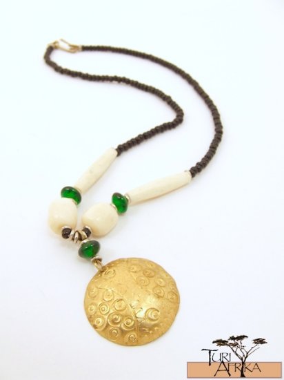 Product ID: 70 Small Brass Disk Necklace , White Bone, Green Glass, And Black Beads