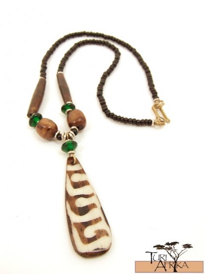 Product ID: 72 Painted Bone Necklace , Brown Bone, Green Glass, Black bead
