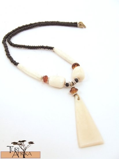 Product ID: 73 White Bone Triangle Necklace , White Bone Beads, Orange Glass, Black beads