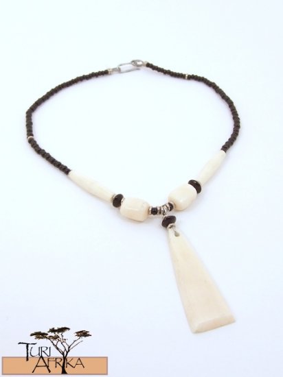 Product ID: 74 White Bone Triangle Necklace , White Bone Beads, Black Glass, Black beads