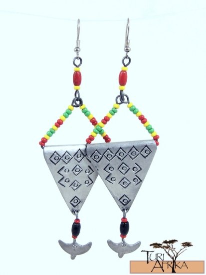 Product ID: 76 Etched Aluminum Triangle Earrings W/ Hanging Alum and Multicolored Beads