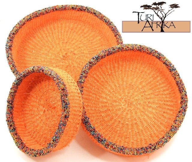 Product ID: 87 Orange Sisal and Metallic Multicolored Beaded Basket Set of 3