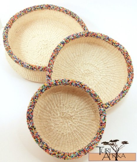 Product ID: 88 Natural Color Sisal and Multicolored Beaded Basket Set of 3
