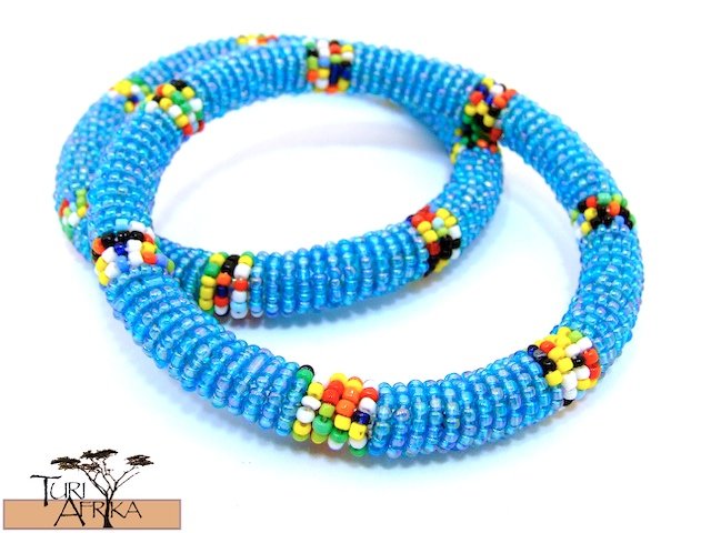 Product ID: 92 Round Beaded Flexible Bracelets (Aqua W Multicolored Bands) SET OF 2