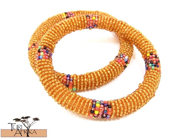 Product ID: 95 Round Beaded Flexible Bracelets (Orange W/ Metallic Multicolor Bands) SET OF 2