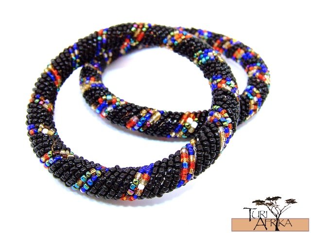 Product ID: 96 Round Beaded Flexible Bracelets (Black W/ Metallic Multicolored Bands) SET OF 2