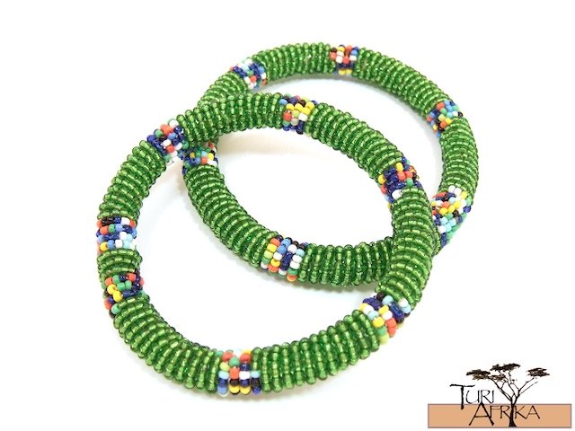 Product ID: 97 Round Beaded Flexible Bracelets (Green Metallic W/ Multicolored Bands) SET OF 2