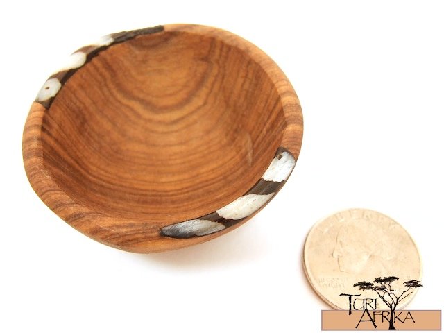 Product ID: 102 Set of 5 Tiny Finger Bowls of Olive Wood and Painted Bone
