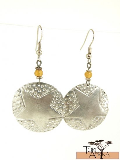 Product ID: 104 Small Aluminum Disk (Star Pattern) Earrings w/ Yellow Glass Bead