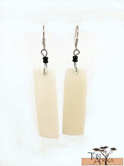 Product ID: 107 White Rectangle Bone Earrings W/ Black Beads