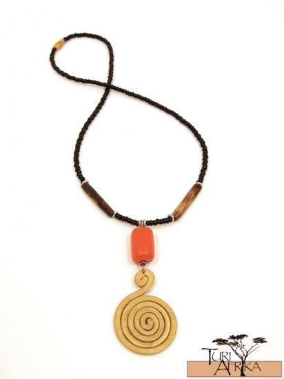 Product ID: 113 Medium Fat Brass Spiral Necklace , orange Amber, Brown Bone beads w/ Black Beads