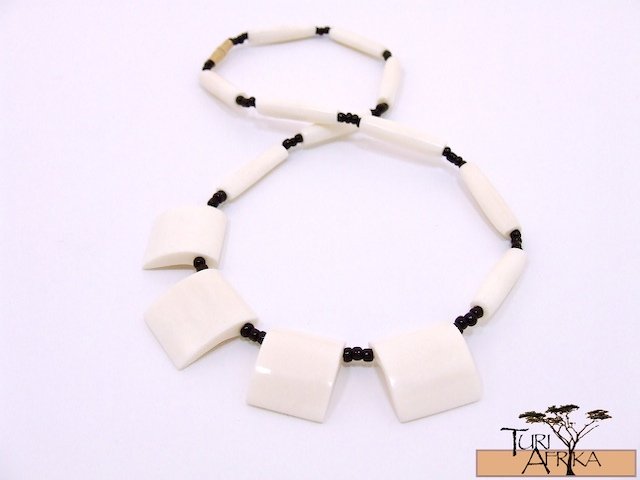 Product ID: 114 White Square Bone Necklace w White Long Bone beads w/ Black Beads
