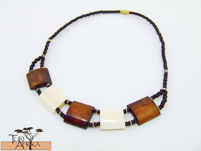 Product ID: 115 Brown & Whit Square Bone Necklace and Black beads