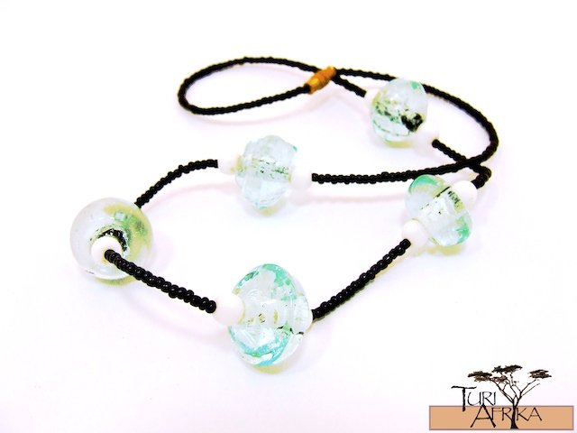 Product ID: 122 Clear Glass Beads Necklace W/ Bubbles, White Beads, Black Beads