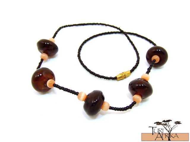 Product ID: 123 Brown Glass Beads Necklace W/ Tan (almost tigers eye) and Black Beads