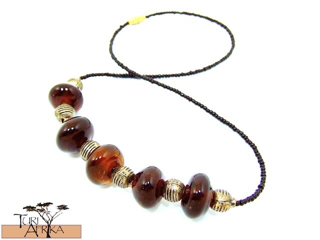 Product ID: 124 Brown Glass Beads Necklace W/ Metal and Black beads