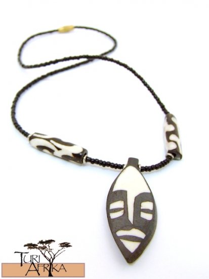 Product ID: 128 Painted Bone Mask Necklace w/ painted bone beads and Black Beads