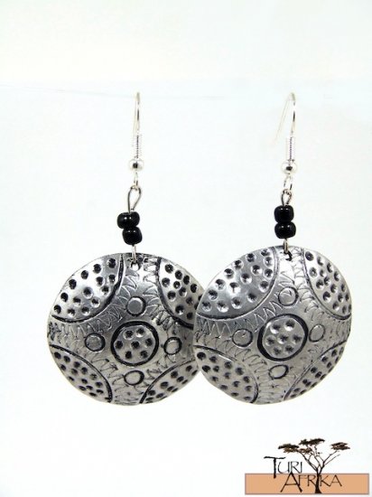 Product ID: 131 Etched Medium Aluminum Disk Earrings W 2 Black Beads