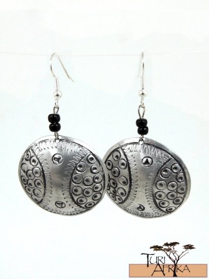 Product ID: 132 Etched Medium Aluminum Disk Earrings W 2 Black Beads