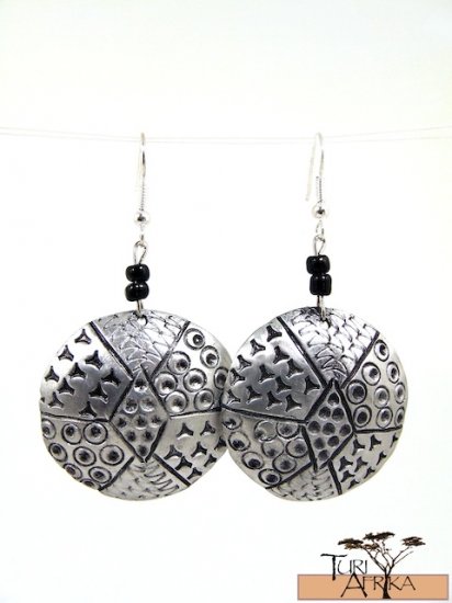 Product ID: 133 Etched Medium Aluminum Disk Earrings W 2 Black Beads