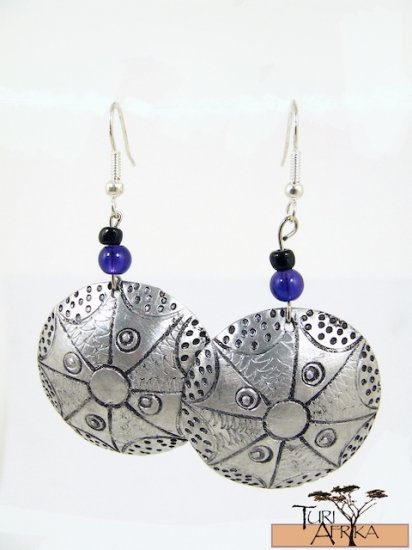 Product ID: 137 Etched Medium Aluminum Disk Earrings W Blue Glass and Black Beads