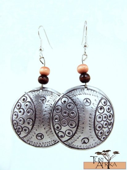 Product ID: 138 Etched Medium Aluminum Disk Earrings W 1 Med and 1 Dark Wooden Beads