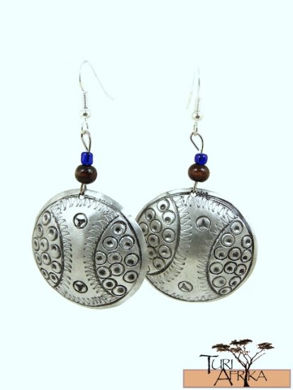 Product ID: 139 Etched Medium Aluminum Disk Earrings W 1 Dark Wooden and 1 Small blue Beads