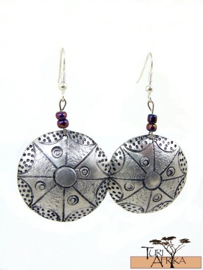 Product ID: 141 Etched Medium Aluminum Disk Earrings W 2 Mettalic Bluish Beads