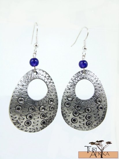 Product ID: 143 Etched Medium Aluminum Egg Shape Earrings W Hole W Blue Glass Bead