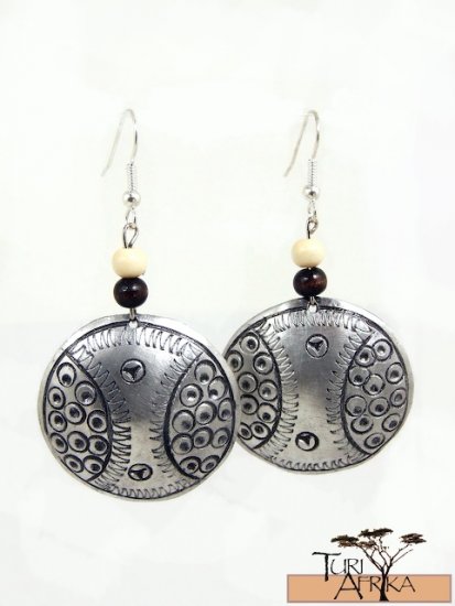 Product ID: 144 Etched Medium Aluminum Disk Earrings W 1 Light and 1 Dark Wooden Beads
